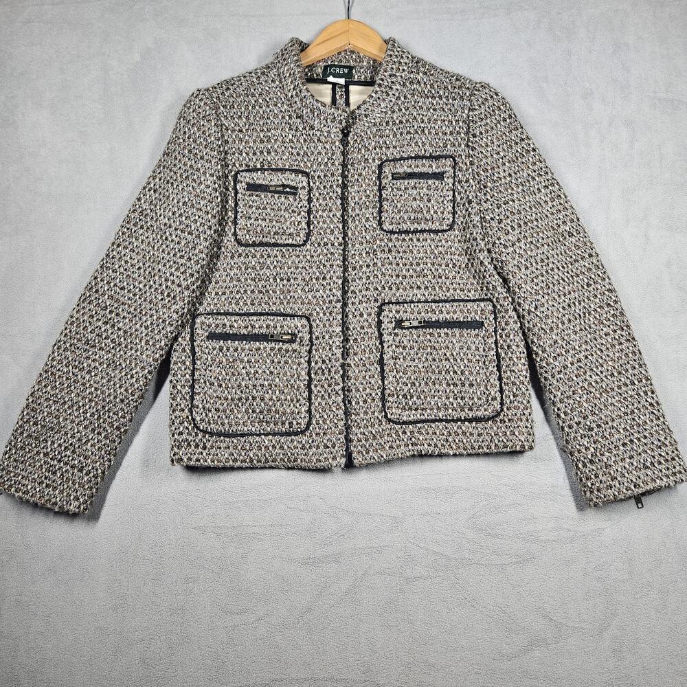 J. Crew Tweed Jacket Sz‎ 10 Wool Blend Brown Black Tan Zipper Pockets Office Y2K
